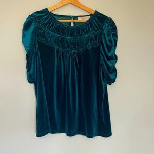 Loft women’s size large green blouse puff sleeve roughed yoke velvet-like, beaut